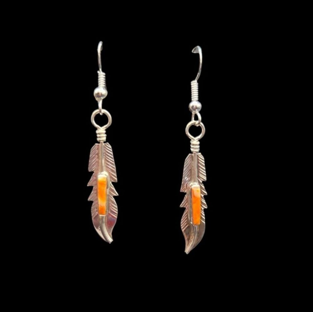 Sterling Silver Feather Drop Earrings Orange Spiny Oyster Inlay Barney Hallmark